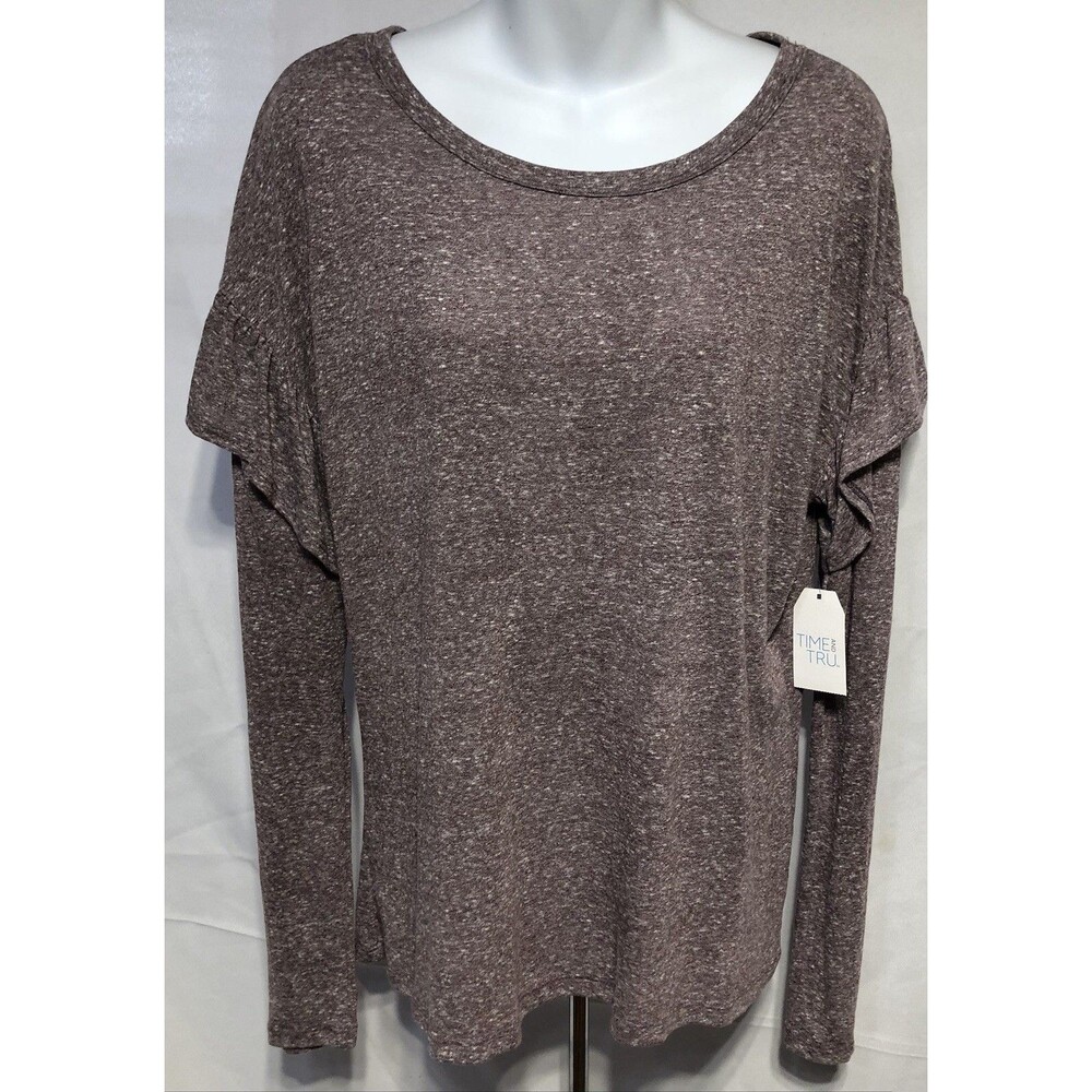 NWT Time & Tru top Knit Jersey L Mauve Heather Ruffles Longsleeve BoHo hippie
